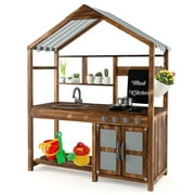 Kepooman Play Wooden Kitchen Sets, Toddler Kitchen Playset, Chef Pretend Kitchen,Kid's Mud Kitchen Outdoor Solid Wood Mud Kitchen with Canopy-Natural
